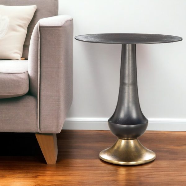 21" Black And Gold Aluminum Round Pedestal End Table - Image 2