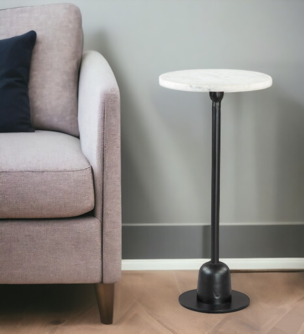 25" White And Black Marble And Aluminum Round Pedestal End Table - Image 2
