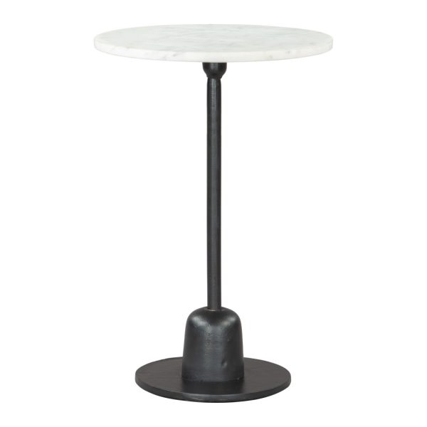 22" White and Black Distressed Marble and Aluminum Round Pedestal End Table