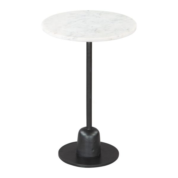 22" White and Black Distressed Marble and Aluminum Round Pedestal End Table - Image 3