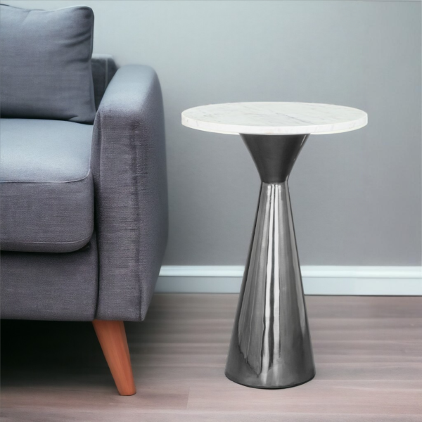 23" White And Black Marble And Steel Round Pedestal End Table - Image 2