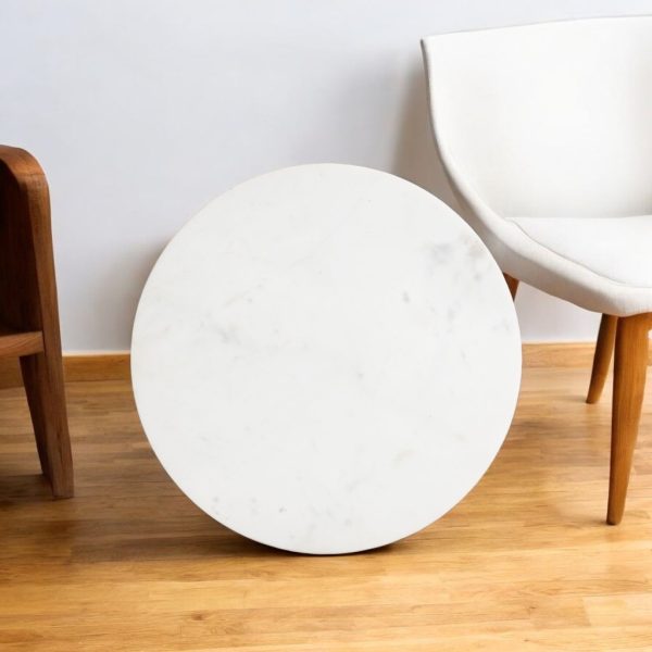 20" White and Natural Distressed Marble and Solid Wood Round Pedestal End Table - Image 2