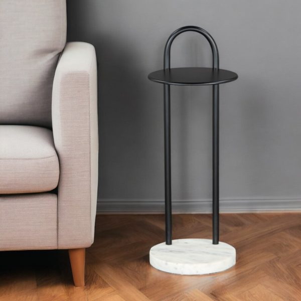 22" Black And White Iron And Marble Round C Table End Table - Image 2