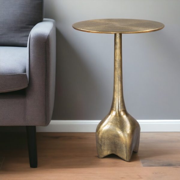 22" Antiqued Brass Distressed Aluminum Round Pedestal End Table - Image 2