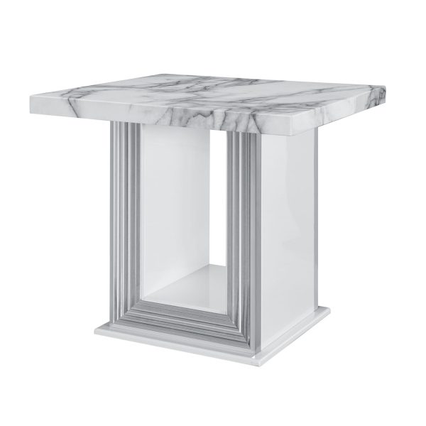 24" White and Silver Faux Marble and Wood Pedestal End Table - Image 2