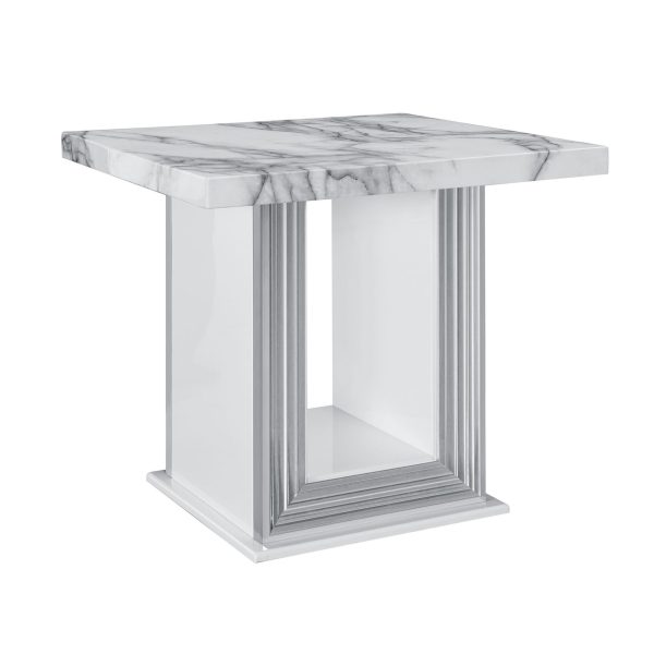24" White and Silver Faux Marble and Wood Pedestal End Table - Image 3