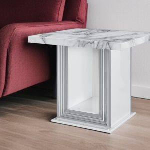 24" White and Silver Faux Marble and Wood Pedestal End Table