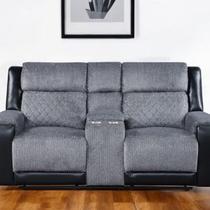 76" Gray and Black Faux Leather and Microfiber Manual Reclining Loveseat With Storage