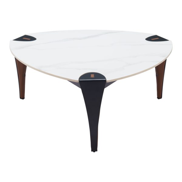 36" White and Black Sintered Stone Faux Leather And Steel Triangle Coffee Table - Image 3