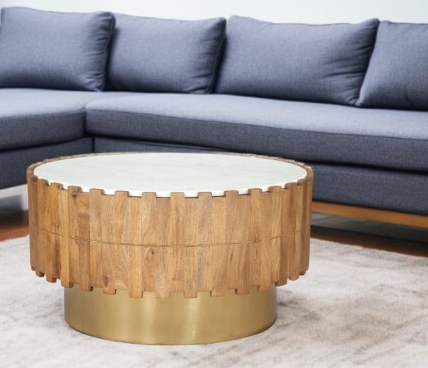 31" Gold Natural And White Iron Wood And Faux Marble Round Block Coffee Table - Image 2