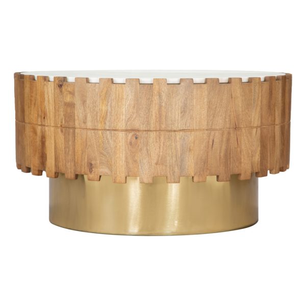 31" Gold Natural And White Iron Wood And Faux Marble Round Block Coffee Table - Image 3