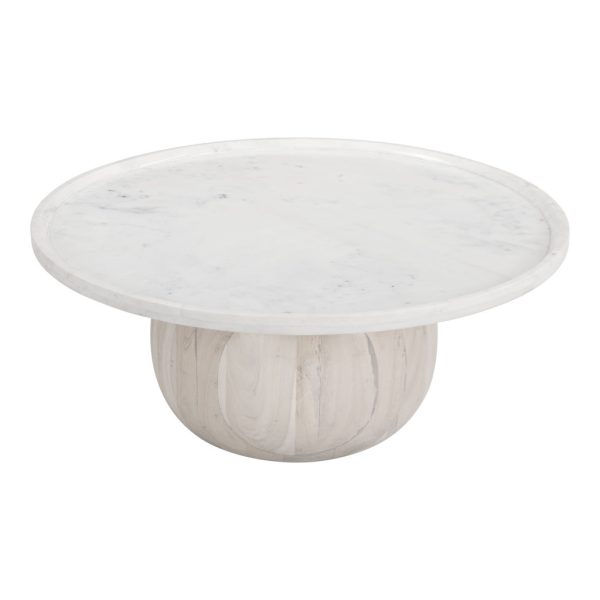 35" White and Natural Wood And Faux Marble Round Pedestal Coffee Table - Image 2