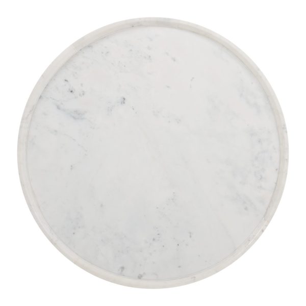 35" White and Natural Wood And Faux Marble Round Pedestal Coffee Table - Image 3