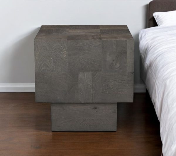 22" Gray Distressed Solid Wood Square Block End Table - Image 2