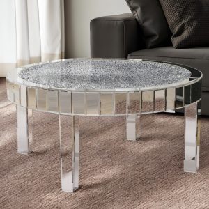 31" Silver Mirrored Glass and Faux Crystal Round Coffee Table