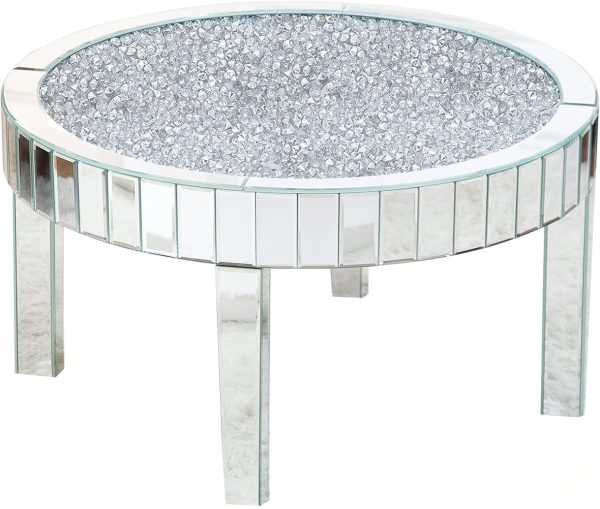 31" Silver Mirrored Glass and Faux Crystal Round Coffee Table - Image 2