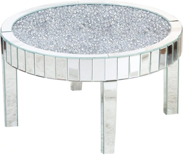 31" Silver Mirrored Glass and Faux Crystal Round Coffee Table - Image 3