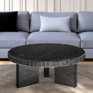35" Silver And Black Mirrored Glass and Faux Marble Round Coffee Table