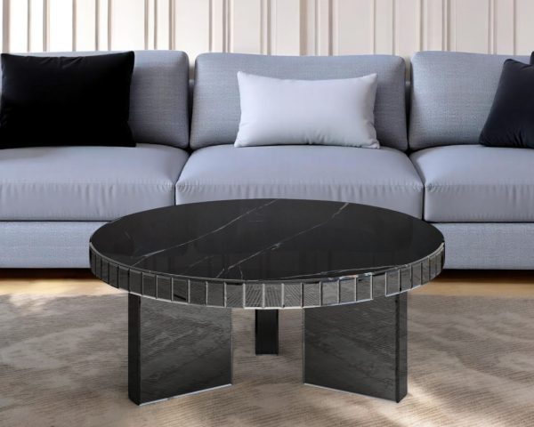 35" Silver And Black Mirrored Glass and Faux Marble Round Coffee Table