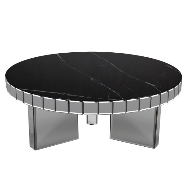 35" Silver And Black Mirrored Glass and Faux Marble Round Coffee Table - Image 2