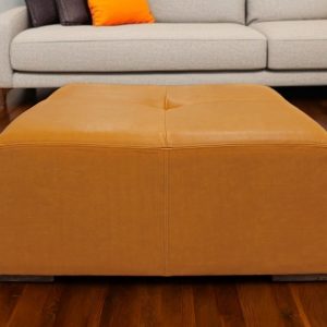 36" Orange Genuine Leather And Solid Wood Square Cocktail Table