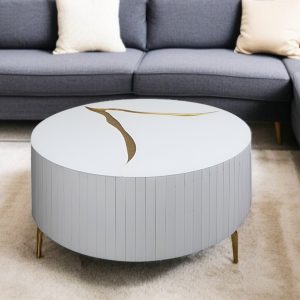 40" White And Gold Wood Mod Abstract Design Round Coffee Table