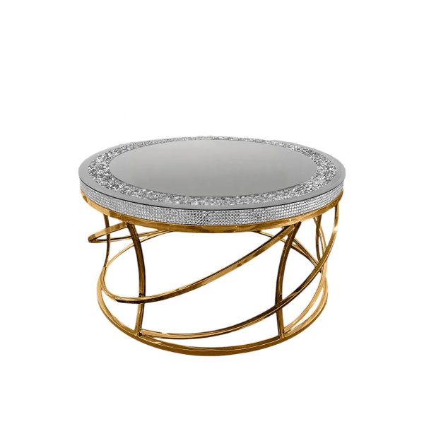 36" Silver and Gold Mirrored Glass Faux Crystal and Stainless Steel Round Frame Coffee Table - Image 2