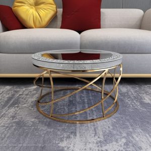 36" Silver and Gold Mirrored Glass Faux Crystal and Stainless Steel Round Frame Coffee Table