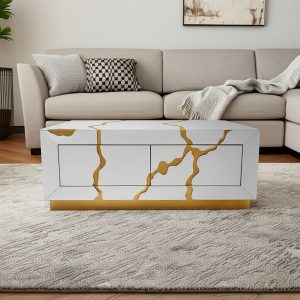 40" White And Gold Wood Solid Coffee Table With Two Drawers
