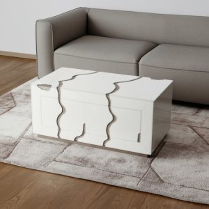 40" White And Silver Modern Abstract Wood Solid Base Coffee Table With Four Drawers
