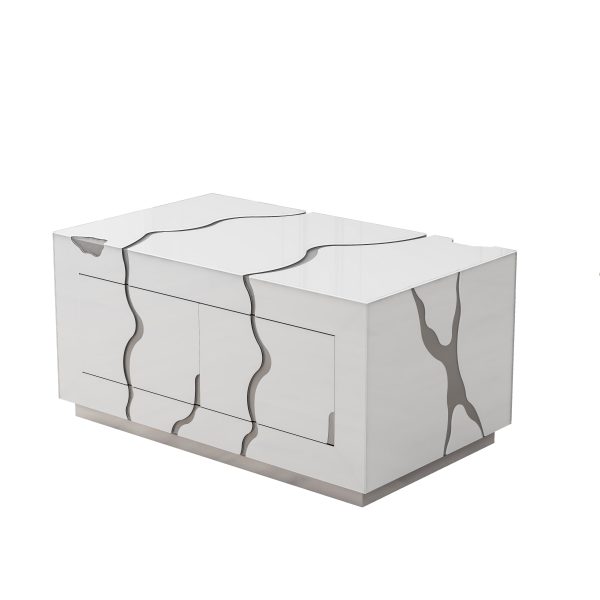 40" White And Silver Modern Abstract Wood Solid Base Coffee Table With Four Drawers - Image 3