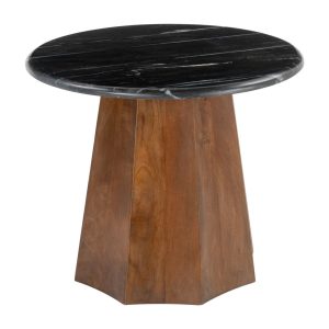 20" Black And Brown Marble And Wood Round Pedestal End Table