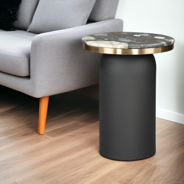 21" Black White And Gold Marble And Steel Round Pedestal End Table - Image 2