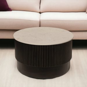31" White And Dark Brown Genuine Marble And Solid Wood Round Drum Coffee Table