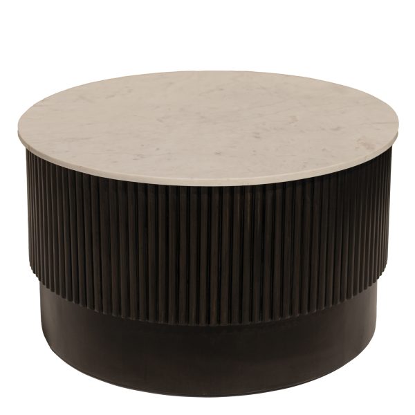 31" White And Dark Brown Genuine Marble And Solid Wood Round Drum Coffee Table - Image 2