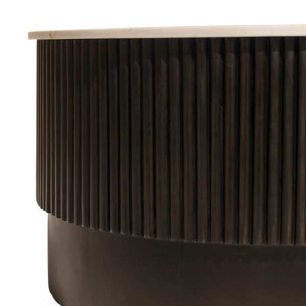 31" White And Dark Brown Genuine Marble And Solid Wood Round Drum Coffee Table - Image 3