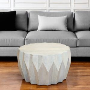 32" Off White Solid Wood Round Block Coffee Table