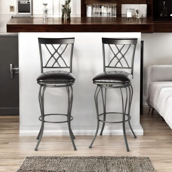 Set of Two " Black Iron and Faux Leather Bar Height Swivel Bar Chairs - Image 2
