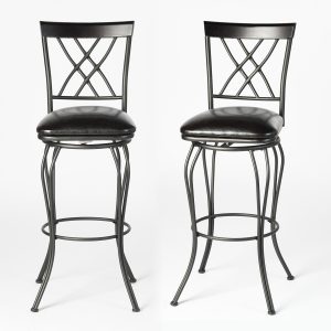 Set of Two " Black Iron and Faux Leather Bar Height Swivel Bar Chairs