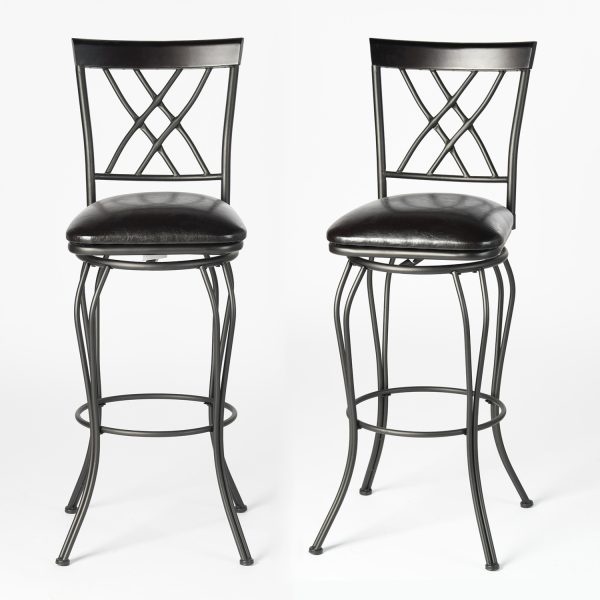 Set of Two " Black Iron and Faux Leather Bar Height Swivel Bar Chairs